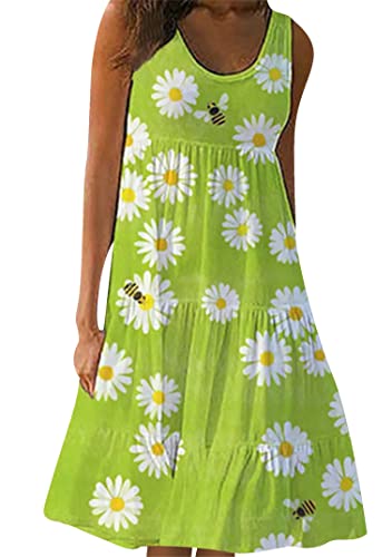 EFOFEI Damen Boho Strand Party Sonnenkleider Flower Print Buntes Kleid Lose Farbe Block Mini Kleid Ärmellos Strand Swing Kleid Daisy XL von EFOFEI