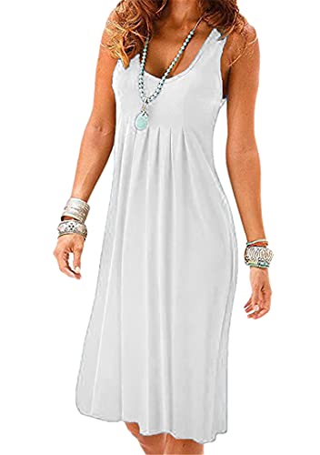 EFOFEI Damen Boho Strandkleid Atmungsaktiv Strand Kleider Schicke Sommerkleider Ärmellos Swing Reizeitkleid Weiß M von EFOFEI