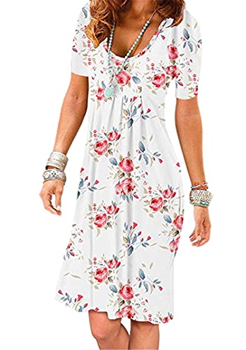 EFOFEI Damen Boho Strandkleid Urlaubskleid Lange Ärmel Freizeitkleid Loose Fit Blumen Midikleid Einfaches Bequemes Kleid weiße Rose 3XL von EFOFEI