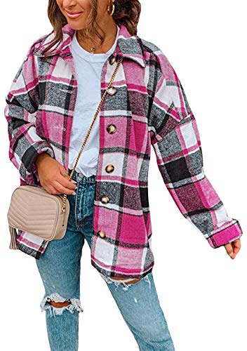 EFOFEI Damen Boyfreind Herbst Oberteile Top Kurz Overshirt mit Karomuster Taschen Retro Karo Basic Jacke Rose M von EFOFEI