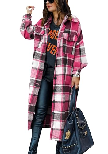 EFOFEI Damen Brusttaschen Jacke Mantel Langarm Karierte Jacke Oversize Holzfäller Jacke Retro Karo Basic Jacke Rosa Rot XL von EFOFEI