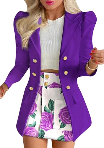 EFOFEI Damen Büroanzug Blazer Slim Print Rock Bubble Sleeve Anzug Mini Wickelrock Set Lapel Double Breasted Two Piece Outfit Lila S von EFOFEI