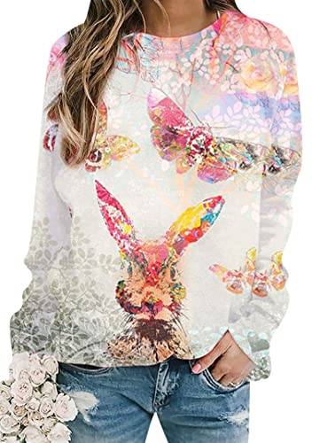 EFOFEI Damen Bunny Bedruckter Langarm Pullover Niedliches Kaninchen T-Shirt Tops Lässige Langarm Pullover Schmetterling Bunny M von EFOFEI
