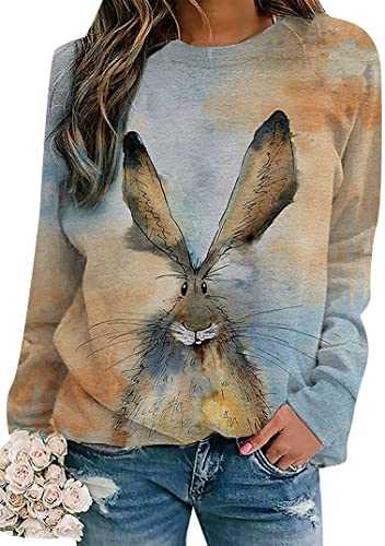 EFOFEI Damen Bunny Graphic Loose Fit Pullover Cartoon Bunny Patterned Sweater Langarm Rundhalsausschnitt Top Sweatshirt Blau Orange L von EFOFEI