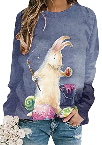EFOFEI Damen Bunny Graphic Loose Fit Pullover Funny Rabbit Pattern Shirt Easter Crew Neck Sweatshirt Marineblau L EFOFEI Damen Bunny Graphic Loose Fit Pullover Funny Rabbit Pattern Shirt Easter Crew Neck Sweatshirt Marineblau L von EFOFEI