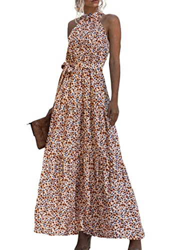 EFOFEI Damen Business Casual Kleid Boho Floral Fließendes Kleid Langes Sonnenkleid Mit Gürtel Kleid Mit Hohem Halsausschnitt Blume Weiß Rosa L von EFOFEI