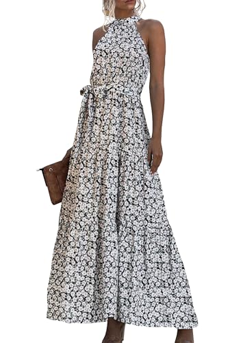 EFOFEI Damen Business Casual Kleid Gepunktetes Blumenkleid Kleid Mit Fliege An Der Taille Neckholder Ärmelloses Maxikleid Blume Schwarz Weiss L von EFOFEI