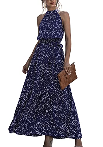 EFOFEI Damen Business Casual Kleid Langes Sonnenkleid Mit Gürtel Gepunktetes Blumenkleid Freizeit Stilvolles Partykleid Punkt Marineblau S von EFOFEI