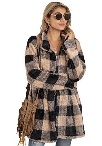 EFOFEI Damen Button Down Langarm Shirt Winter Fleece Kapuze Plaid Shirt Urban Style Hemdjacke Langarm Plüsch Mantel Loose Hemd Bluse Braun M von EFOFEI