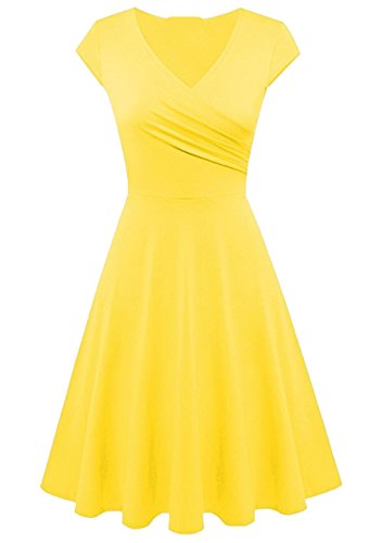 EFOFEI Damen Flügelärmeln Kleid Dress Midi V-Ausschnitt Kleid Fit dünnes Kleid Gelb XL von EFOFEI