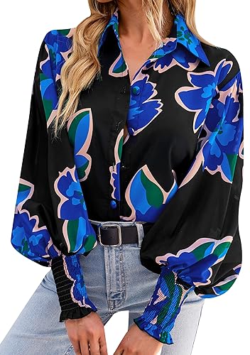 EFOFEI Damen Casual Button Down Shirts Langarm V-Ausschnitt Blusen Tropische Blumen Tops Blusen Schwarz XL von EFOFEI