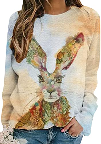 EFOFEI Damen Casual Langarm-Pullover Funny Rabbit Pattern Shirt Cartoon Bunny Patterned Sweater Orange XL von EFOFEI