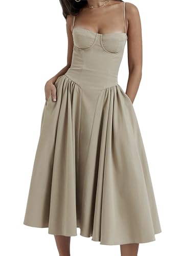 EFOFEI Damen Casual Plissee Kleid Niedrig Geschnittenes Bustier Off Shoulder Kleid Fit and Flare Midikleid Kaffee L von EFOFEI