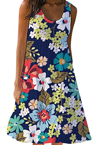 EFOFEI Damen Casual Scoop Neck Pleated Sundress Sommer Ruffle Tank Kleider Sommer Sleeveless Beach Dress Floral Pleated Loose Swing Dress Marineblau Floral M von EFOFEI