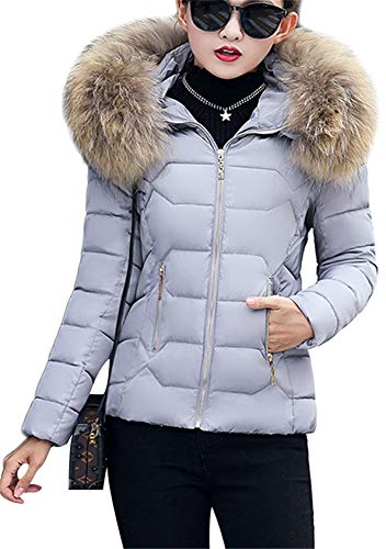 EFOFEI Damen Casual Slim Down Jacke mit Pelzkragen Hut Reißverschluss mit Taschenjacke Casual Fashion Jacke Grey S von EFOFEI