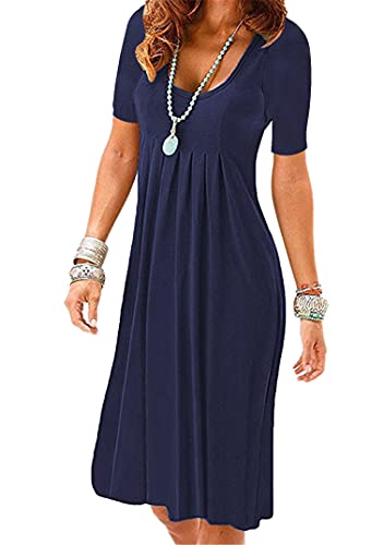 EFOFEI Damen Casual Sommerkleid Sommer Shirtkleider Loose Fit Blumen Midikleid Rundhals Strandkleider Navy blau XXL von EFOFEI