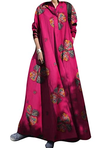 EFOFEI Damen Casual Straight Long Shirt Kleid Loose Plus Size Long Shirt Kleid Sommerkleid mit fließendem Plisseesaum Rote Blume XL von EFOFEI