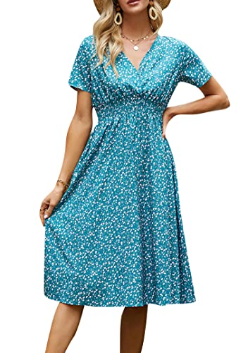 EFOFEI Damen Chiffon Boho Lange Kleid Knielanges Sommerkleid Boho Blumen Cocktailkleid Blumen Abendkleid Blau Grün M von EFOFEI