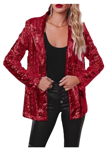 EFOFEI Damen Club Lockere Paillettenjacke Langarm Offene Front Strickjacke Sommer Schlanke Paillettenjacke Rot XXL von EFOFEI