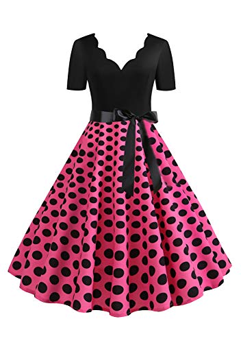 EFOFEI Damen Cocktail Partykleid Polka Dot Vintage Retro Rockabilly Kleider Valentinstag Spitze Druck Abend Party Dress Rosa S von EFOFEI