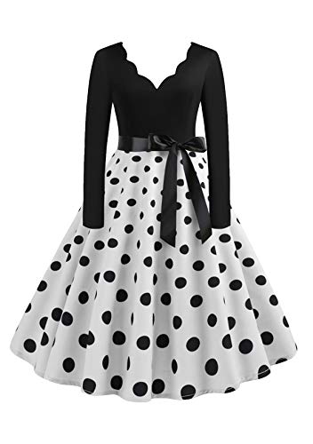 EFOFEI Damen Cocktail Partykleid Polka Dot Weihnachten Kleider Langarm A-Linie Swing Kleid Dress Weiß 3XL von EFOFEI