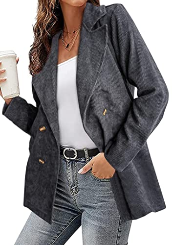 EFOFEI Damen Cordjacke Freizeit Jacken Oberteile Slim Fit Lang Jacke mit Tasche und Knöpfe Elegant Business Blazer Retro Vintage Cord Blazer Hellgrau S von EFOFEI