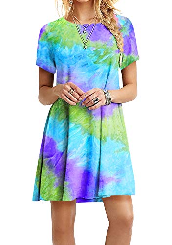 EFOFEI Damen Crewneck Sommer Freizeitkleid Mini Sonnenkleid Tie Dye Himmelblau XL von EFOFEI