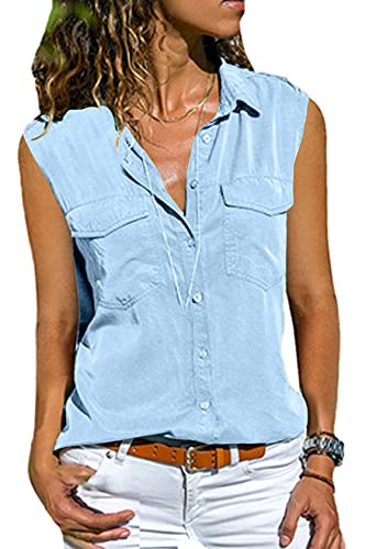 EFOFEI Damen Décontracté Breathable Oxford Bluse Loose-Fit Utility Taschenhemd Himmelblau L von EFOFEI