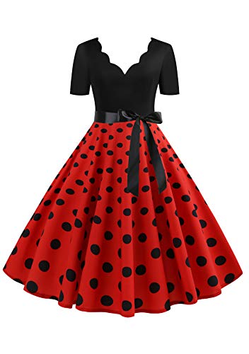 EFOFEI Damen Dot Einfarbig Rockabilly Kleid Weihnachten Kleider Kurzarm Petticoat Lange Ärmel Ballkleid rot XL von EFOFEI