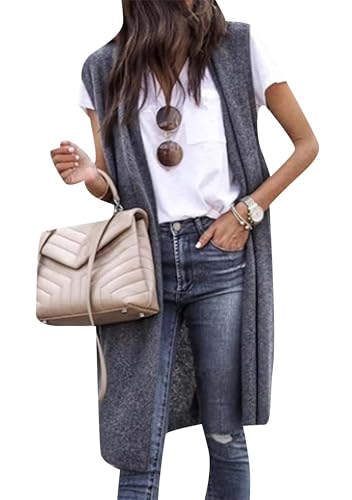 EFOFEI Damen Drapierte Lange Weste Mit Offener Vorderseite Schlichte Blazer Weste Einfarbige Lässige Strickjacke Dunkelgrau L von EFOFEI