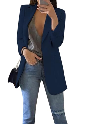 EFOFEI Damen Dressy Arbeit Professionelle Büro Outfits Revers Taschen Business Casual Lange Blazer Purplish Blau L von EFOFEI