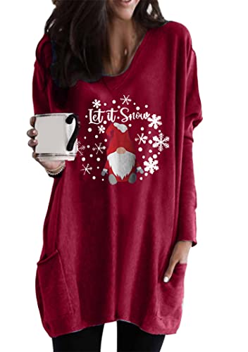 EFOFEI Damen Drucken Lässiges Weihnachtskleid Basic Lose Mini Kleid Schlankes Oberteil mit Langen Ärmeln Rundhals Weihnachtspullover Burgundisch XL von EFOFEI