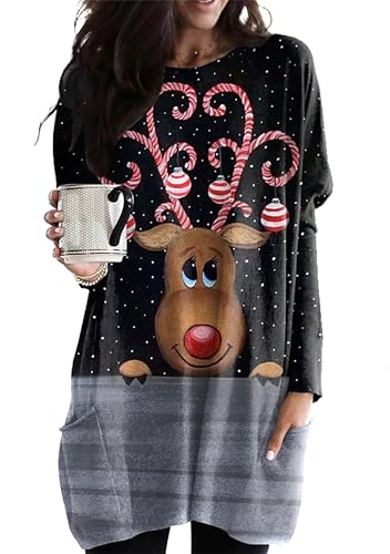 EFOFEI Damen Drucken Lässiges Weihnachtskleid Lose Mini Kleid Schlankes Oberteil mit Langen Ärmeln Weihnachtspullover Burgundisch Elch Schwarz Grau M von EFOFEI