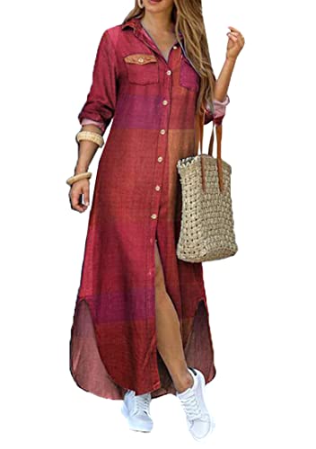 EFOFEI Frauen Lässig Revers Kleid Aufrollen Langarm Langes Kleid Chiffon Druck Shirt Maxi Kleid Lange Ärmel Check Kleid Rot Gewinnen M von EFOFEI