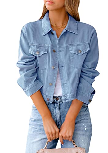 EFOFEI Damen Einfache Boyfriend Jeansjacken Vintage Jacken Zuknöpfen Jeansjacken mit Brusttaschen Blau L von EFOFEI