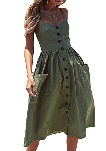 EFOFEI Damen Einfaches gestreiftes Kleid Midikleid mit Taschen Schulterfrei Strandkleid Spaghettiträger Freitzeitkleid GRÜN XS von EFOFEI