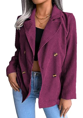 EFOFEI Damen Einfarbig Büro Strickjacken Revers Cord Button Down Blazer Warm Lang Anzug Strickjacke Lila Rot L von EFOFEI