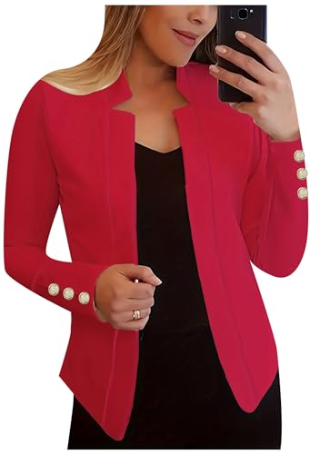 EFOFEI Damen Einfarbig Kurze Strickjacken Manschette Knopfleiste Anzug Jacke Strickjacke Slim Fit Einfacher Blazer Casual Office Cropped Blazer Rot XXL von EFOFEI