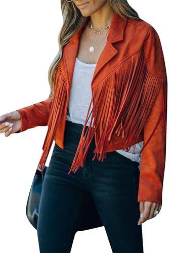 EFOFEI Damen Einfarbig Mode Pendler Jacke Kurz Quaste Jacke Casual Quaste Jacke Orange S von EFOFEI