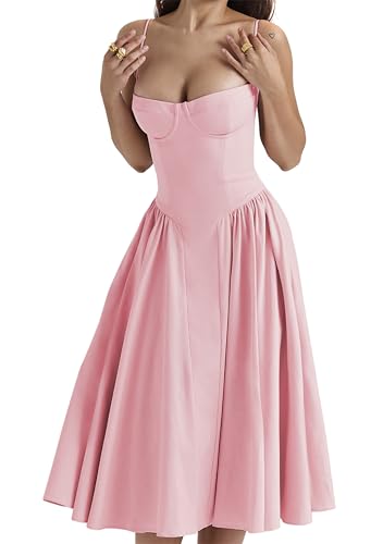 EFOFEI Damen Einfarbig Print Bustier Kleid Hochzeit Gastkleider Boho Elegant Sexy A-Linie Kleid Rosa L von EFOFEI