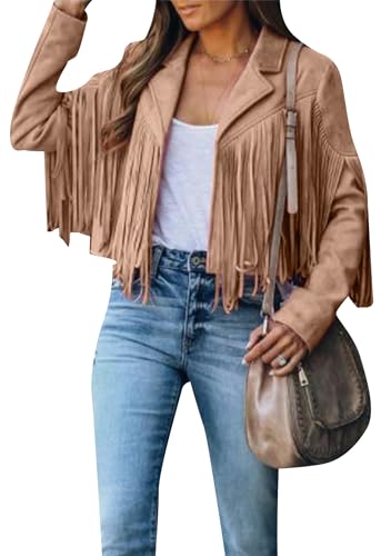 EFOFEI Damen Einfarbig Revers Jacke Langarm Quaste Jacke Mode Kurz Jacke Braun L von EFOFEI