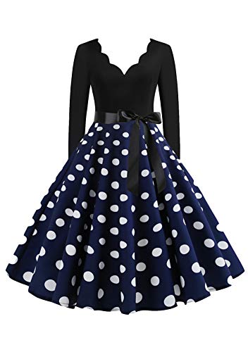 EFOFEI Damen Cocktail Partykleid Polka Dot Weihnachten Kleider Kurzarm A-Linie Swing Kleid Dress Blau XL von EFOFEI