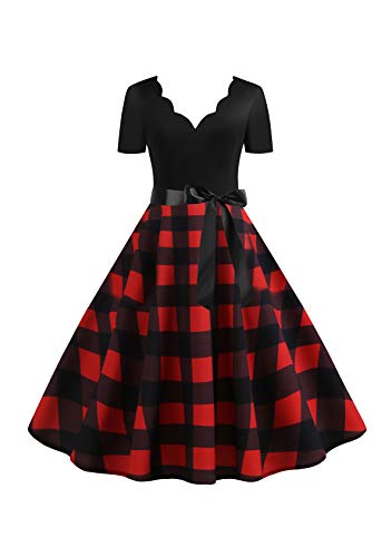 EFOFEI Damen Einfarbig Rockabilly Kleid Weihnachten Kleider Kurzarm Cocktailkleid mit Gürtel rot M von EFOFEI