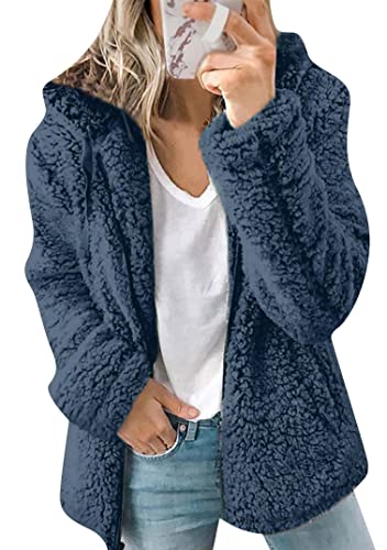 EFOFEI Damen Einfarbig Warm Stilvoll Zip Pullover Plüsch Kunstfell Langarm Kapuzenmantel Herbst Winter Warmer Parka Mantel Blau M von EFOFEI