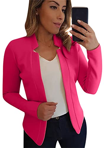 EFOFEI Damen Einfarbige Büro Strickjacke Langarm Jacke Mit Kurzen Rüschen Arbeitsblazer Mit Offener Front Rose Rot L von EFOFEI