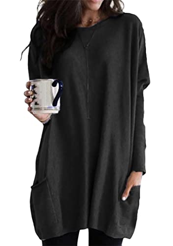 EFOFEI Damen Einfarbiges Pullover Shirt Winter Warm Langarm Pullover Sweatshirt Mit Rundhalsausschnitt Lockerer Passform Schwarz XXL von EFOFEI