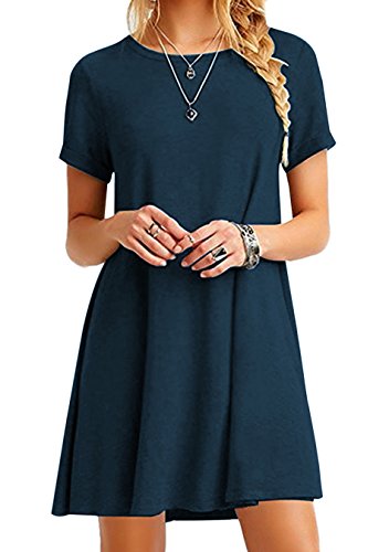 EFOFEI Damen Einfarbiges Shirt Kleid Kurzarm Swing Kleid Marineblau XXS von EFOFEI