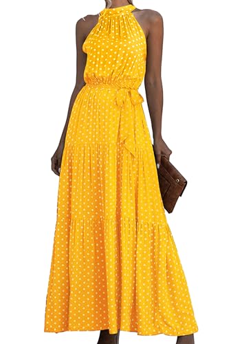 EFOFEI Damen Gepunktes Langes Kleid Partykleid Cocktailkleid Strandkleid Langes Sonnenkleid Mit Gürtel Kleid Mit Fliege An Der Taille Punkt Gelb XS von EFOFEI