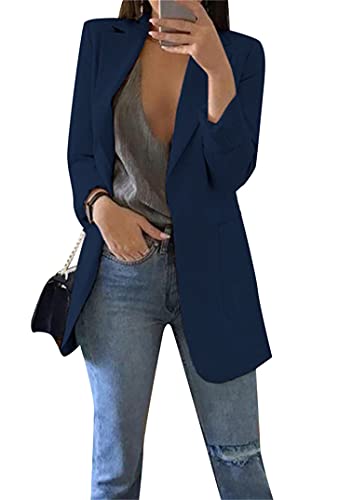 EFOFEI Damen Elegant Langarm Blazer Sakko Cardigan Revers Geschäft Büro Mittellanger Dünner Anzug All Match Mode Anzug Navy Blau M von EFOFEI