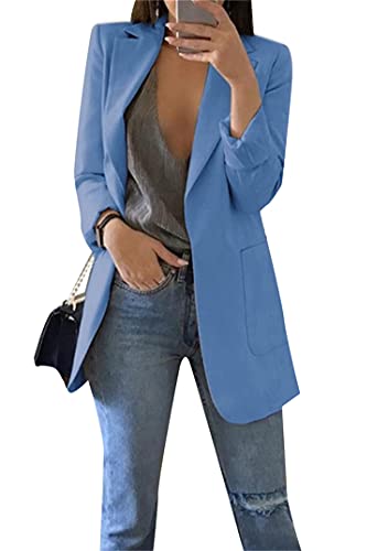 EFOFEI Damen Elegant Langarm Blazer Sommer Freizeit Coat Zeitloser klassischer Anzug Einfarbig Slim Fit Jacke Blau S von EFOFEI